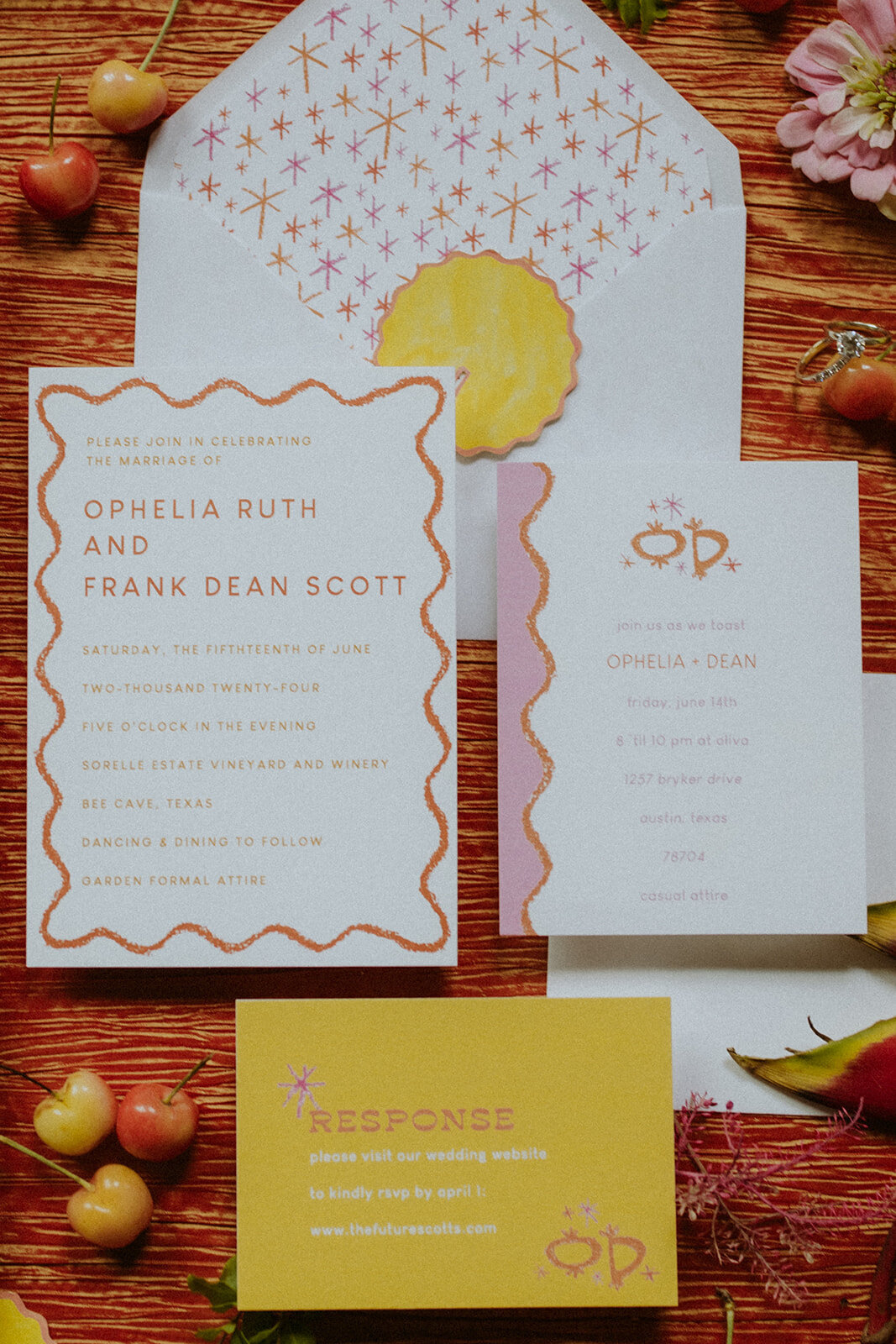 Colorful and funky pink and yellow wedding invitation suite with custom artwork 