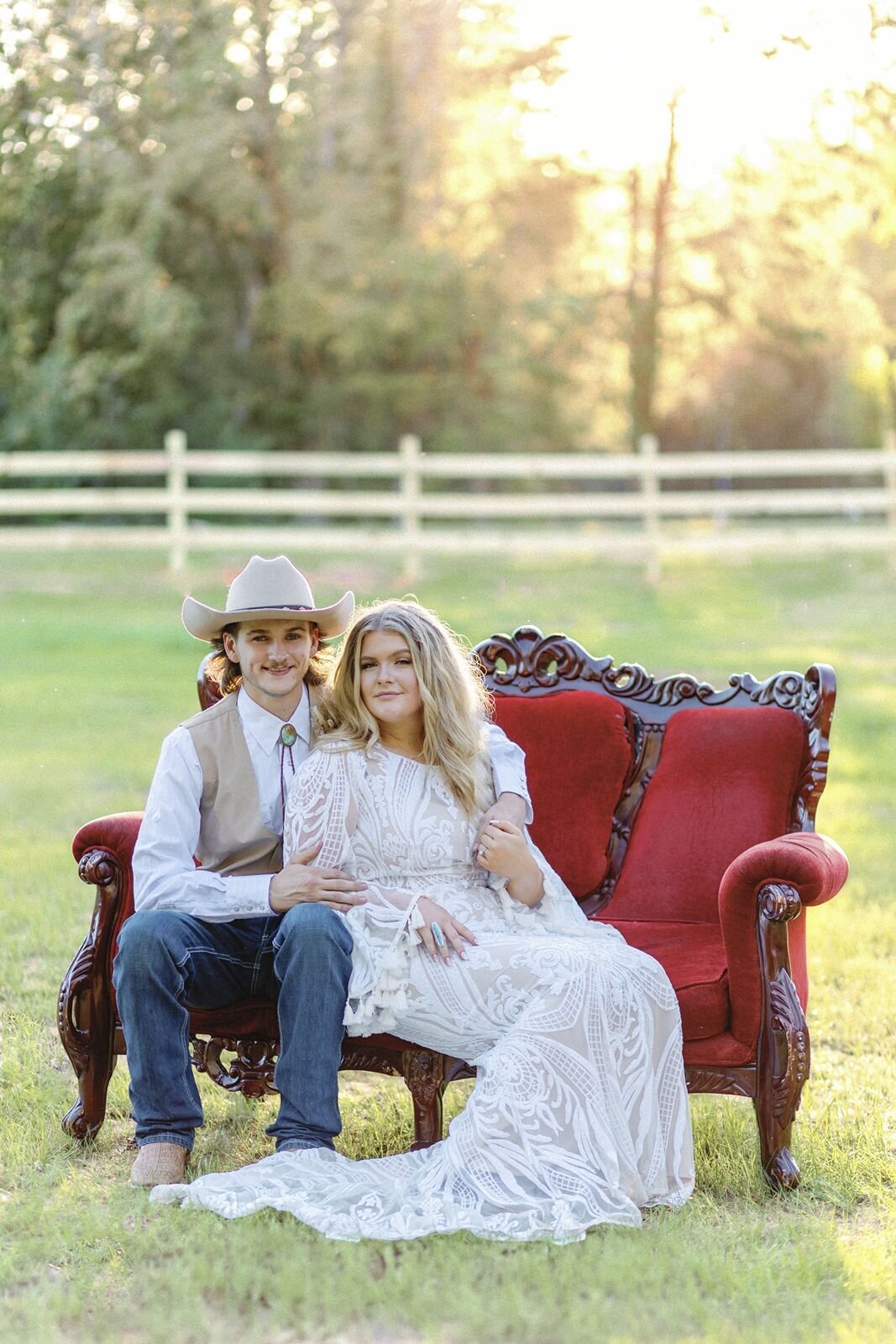 Waxhaw-NC-Wedding-Bride-and-groom-red-couch-field