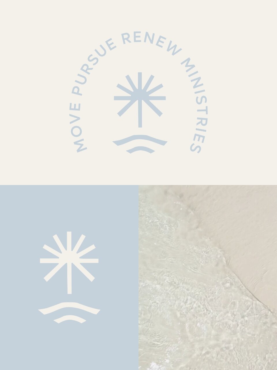 Circular and alternate logo marks for MPR Ministries showcasing the words “Move Pursue Renew Ministries” around the icon, with ocean imagery and soft blue branding.