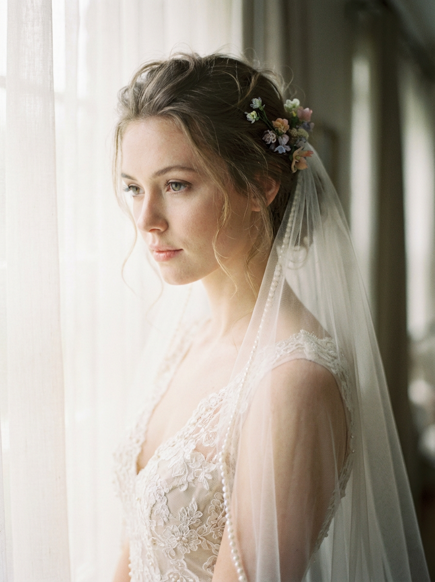 Firefly_Gemini Flash_Fine-art bridal portrait shot on soft film stock. Close-up composition with natural m 114968