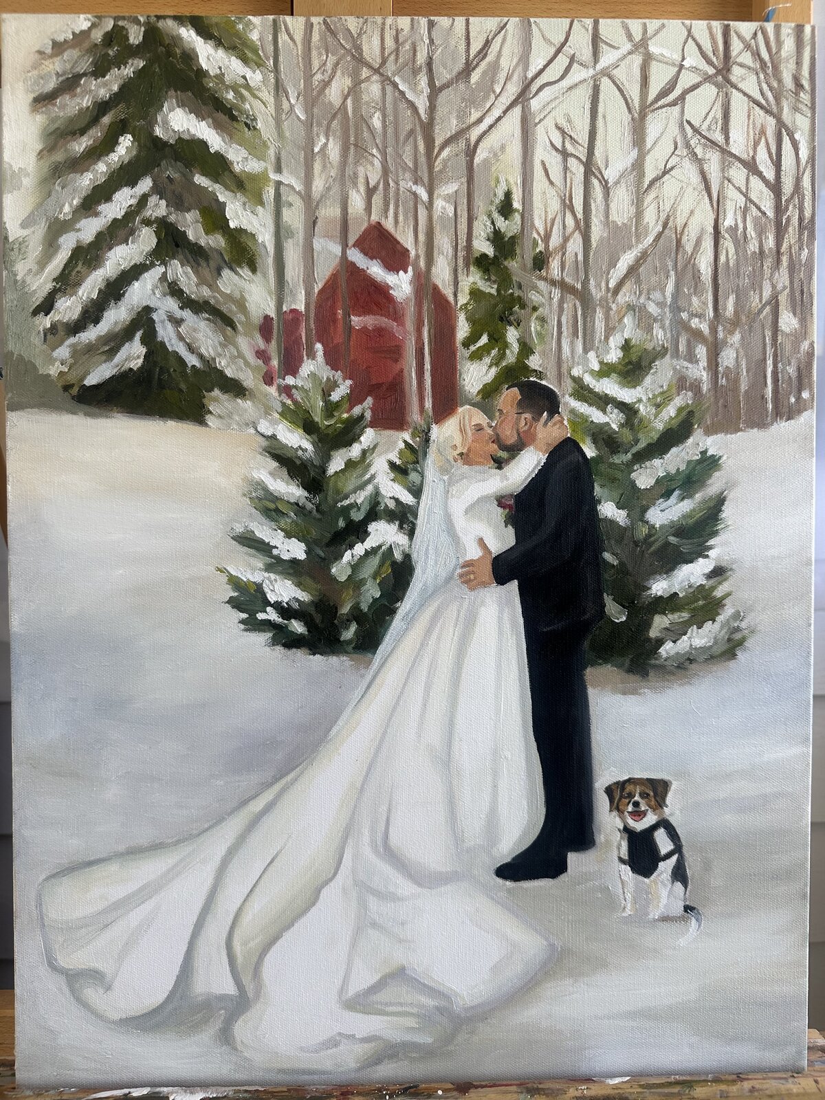 A wintery wedding portrait painted by Olivia Andruss in Steamboat Springs, Colorado.