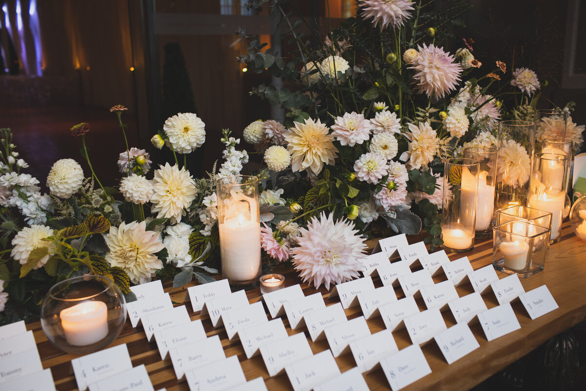 Lush pastel flowers line a place card table display at a Restaurant Richmond wedding.