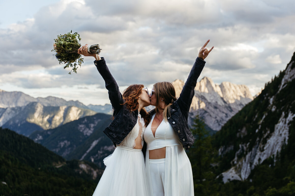 Romantic wedding kiss mountain elopement Slovenia