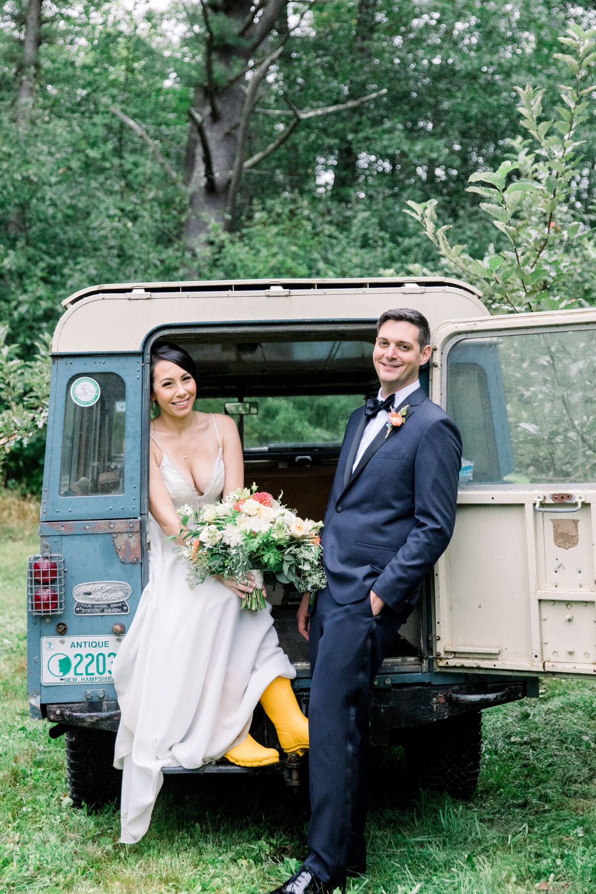Bride and Groom with Vintage Land Rover