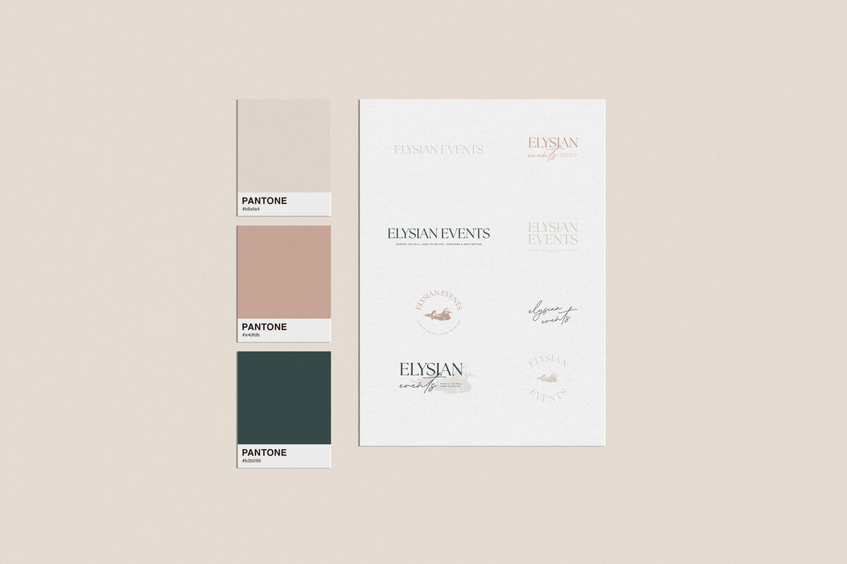 a mockup of Pantone color chips and logos on a paper