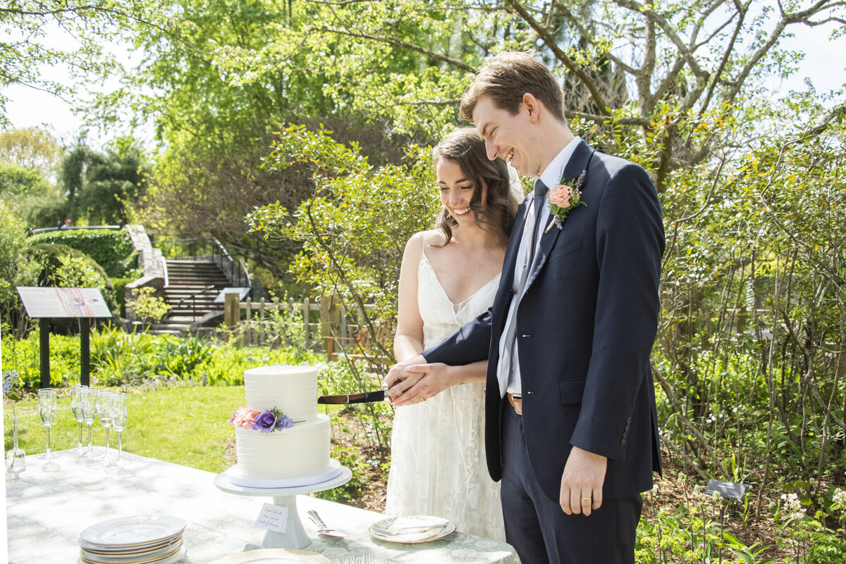 Couple cutting wedding cake