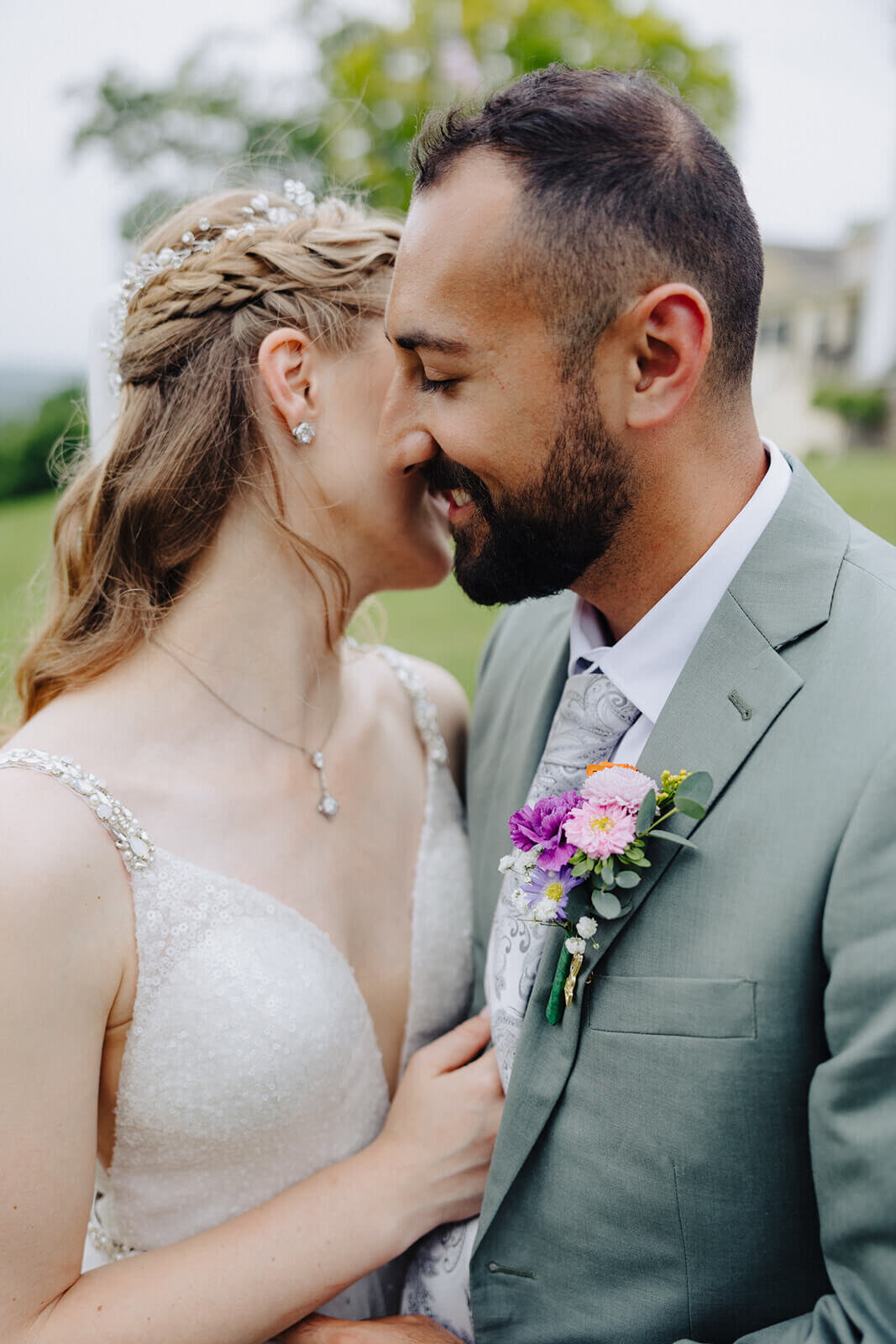 Close up of bride and groom at Mansion at Keuka Lake wedding, NY