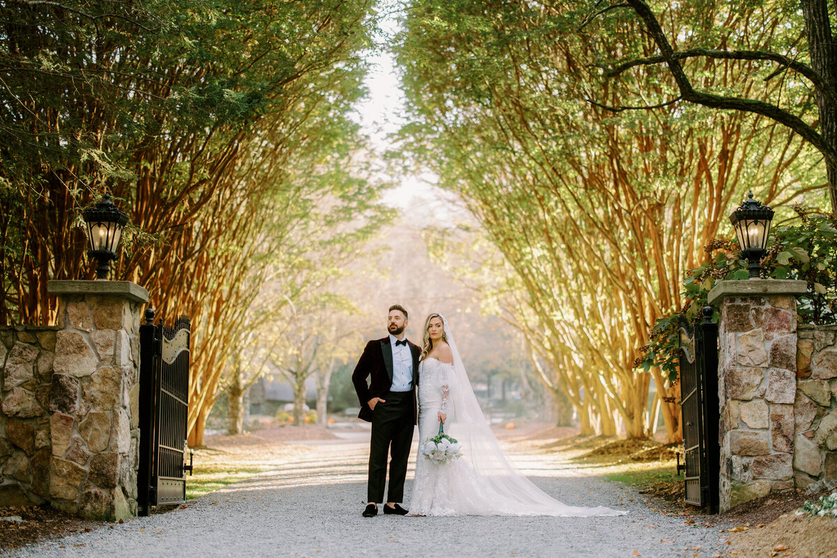 Bride and Groom pose at the end of a long luxurious drive in the WNC mountains