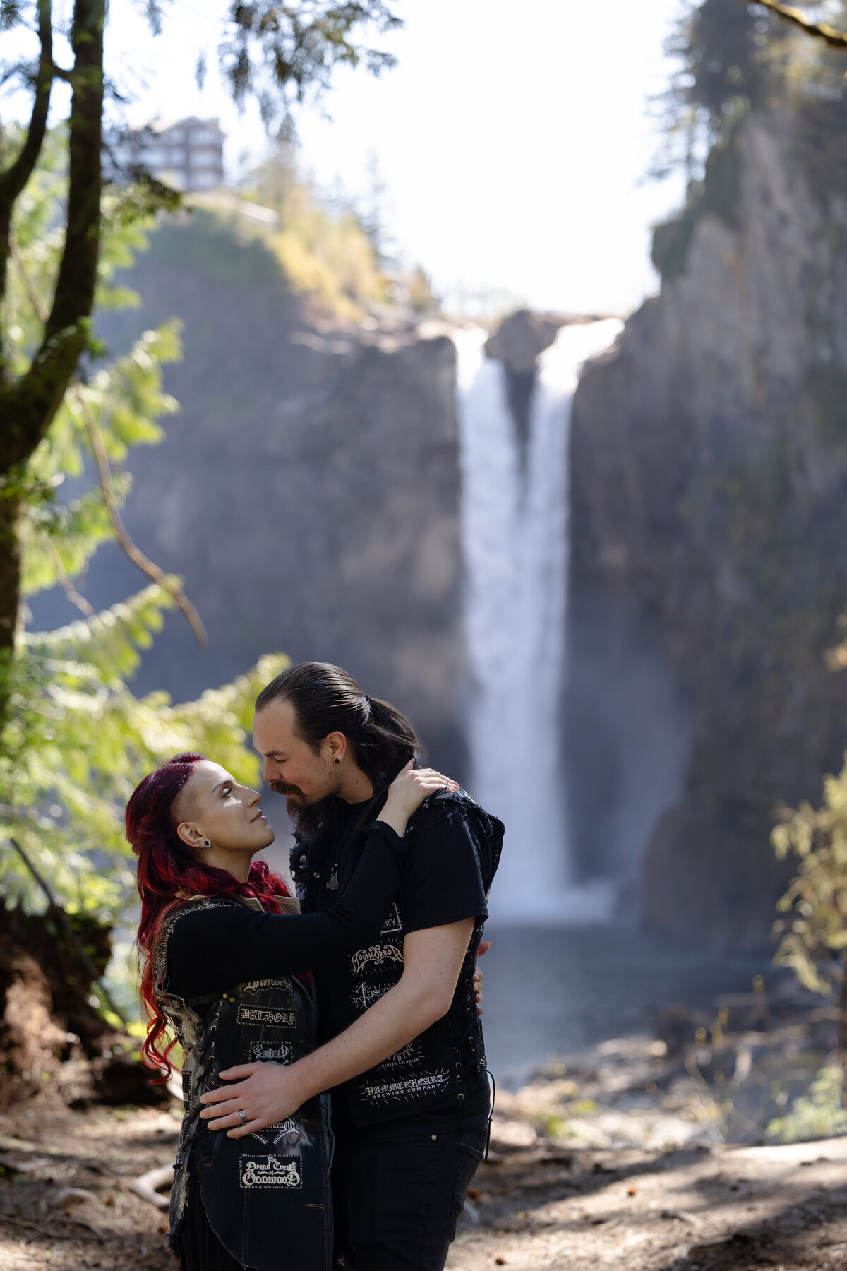 engagement photos at a waterfall in seattle washington