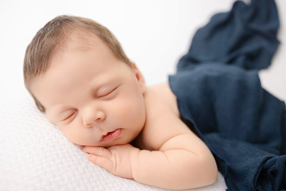 Posed newborn on stomach with a dark blue blanket covering his back.