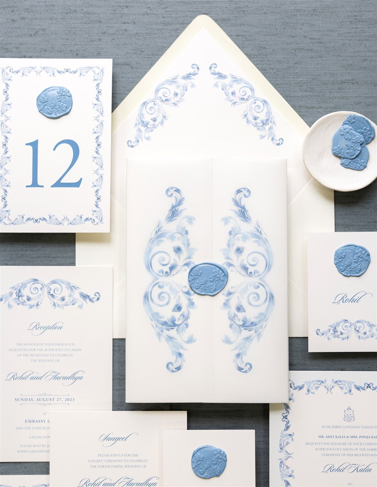 Dusty blue & ivory Hindu wedding invitation 2