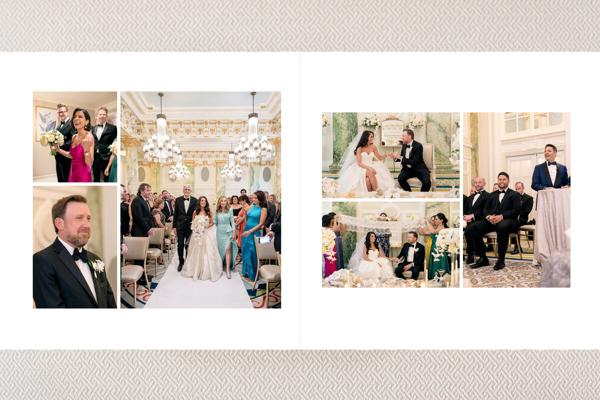 A collage of wedding ceremony images. The bride and groom stand at the altar, surrounded by guests in elegant attire. A speaker addresses the room. The venue is richly decorated with chandeliers and ornate details.