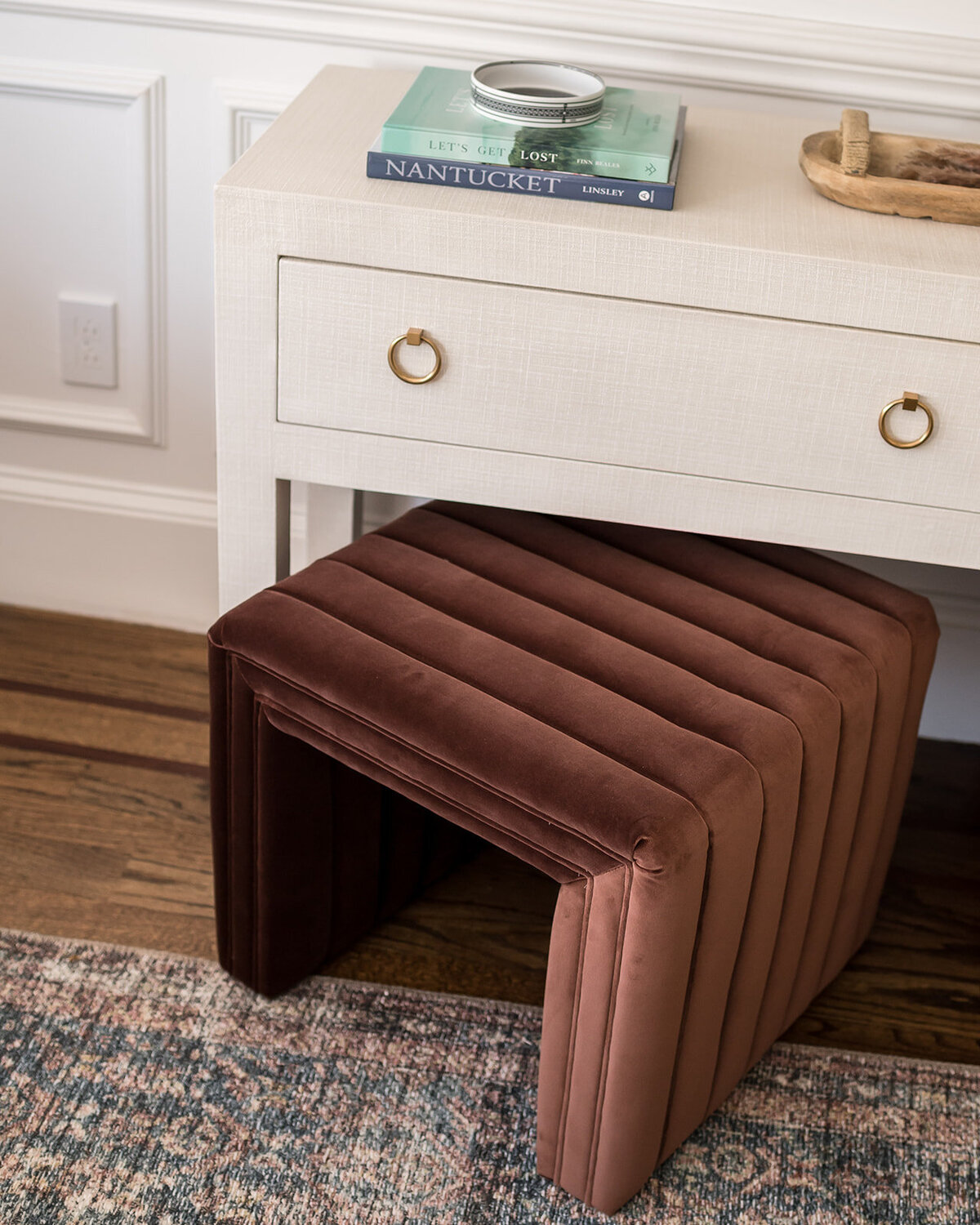 melinda chesson interiors boston velvet sitting ottoman and accent rug