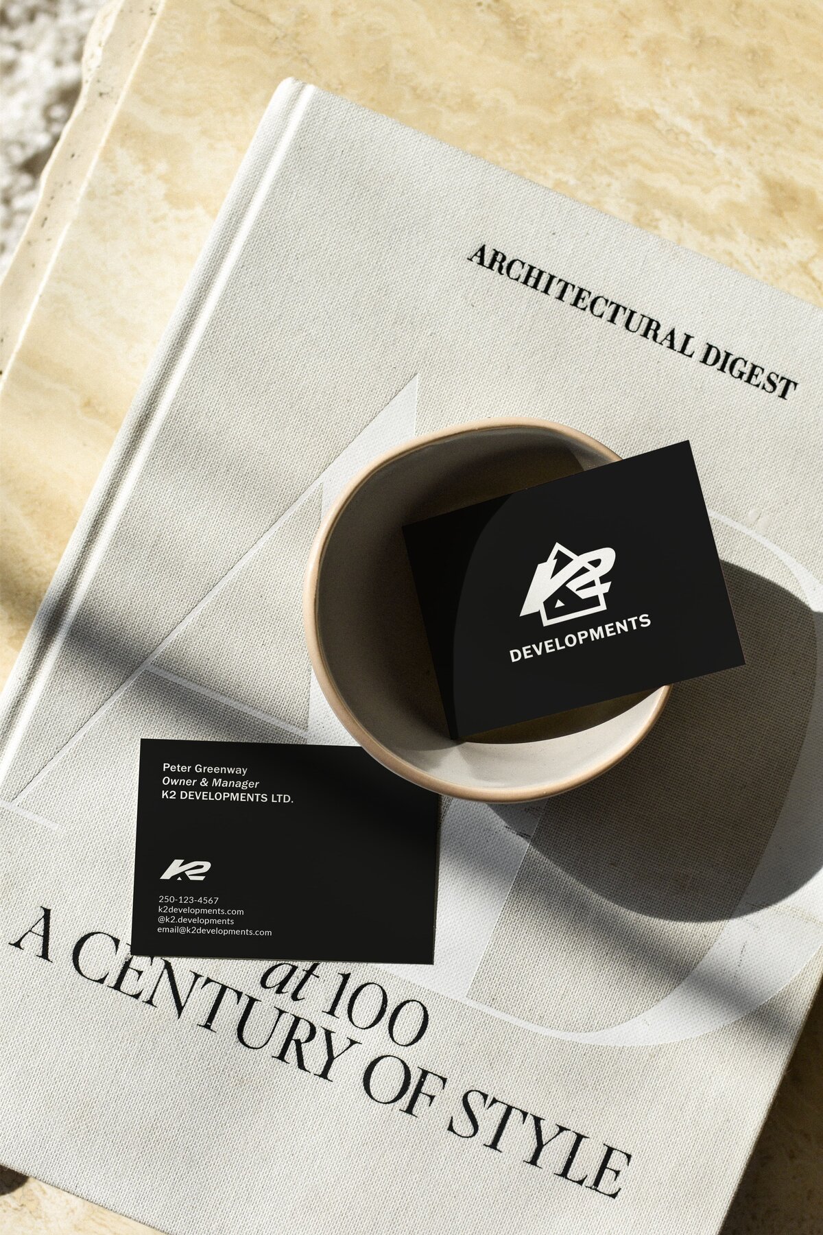 Editorial black business card design for K2 Developments by Hanbury Design Co.