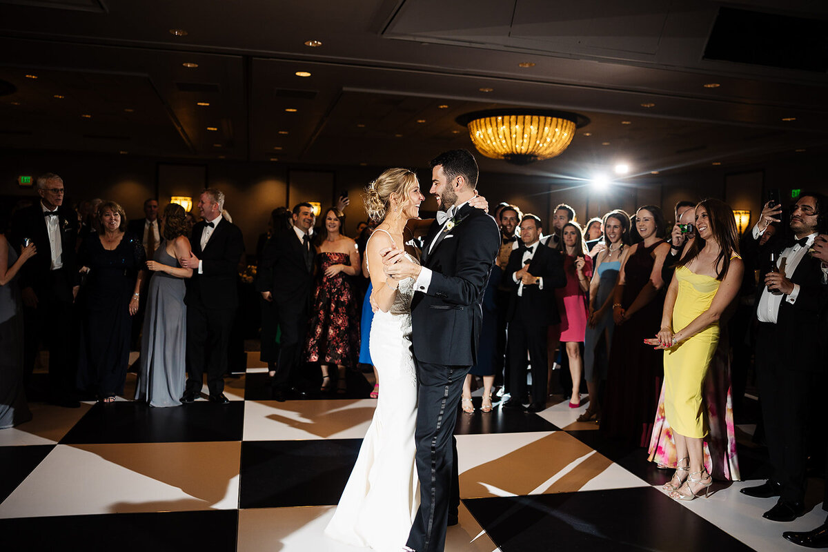 Bride and groom share their first dance on their wedding night.