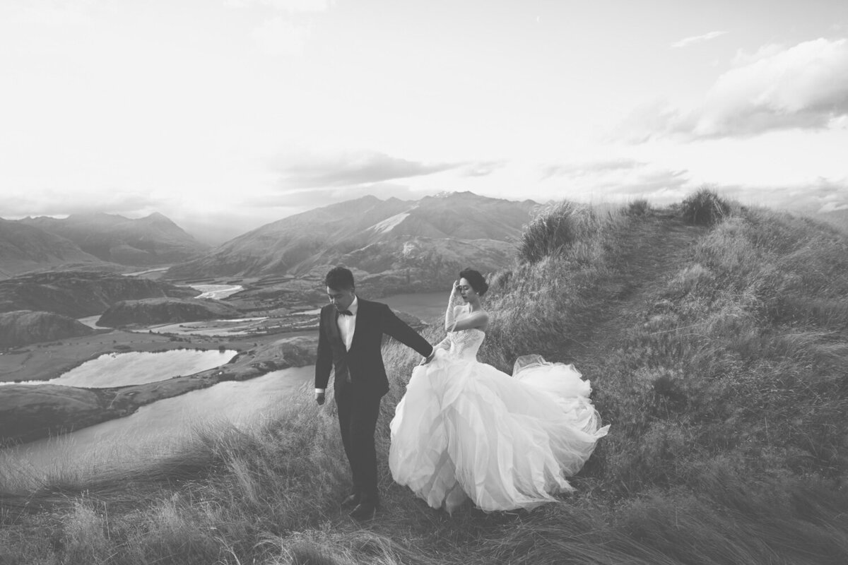 Wedding shoot, Coromandel Peak, Wanaka. Vera Wang Haute iconic wedding dresses.