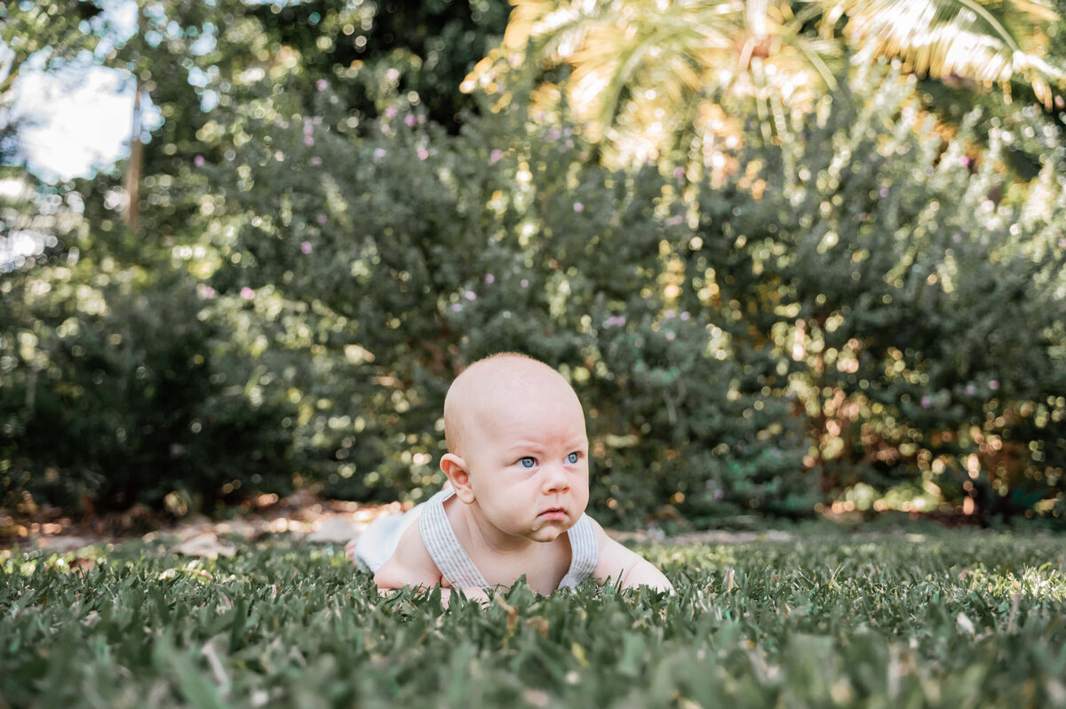 baby lying on the grass in botanical garden - Townsville Child Milestone Photography by Jamie Simmons