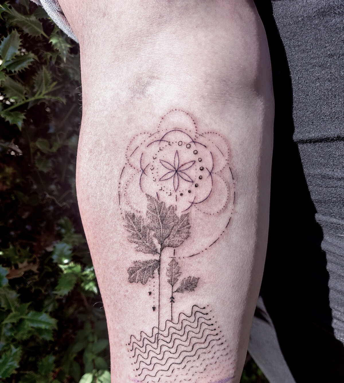 seed of life tattoo, oak leaves tattoo, abstract tattoo, concept tattoo