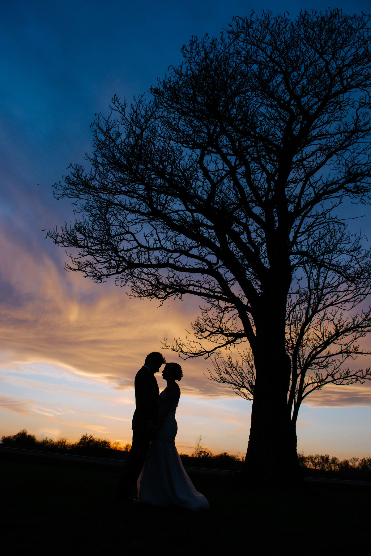 Bride and Groom Sunset Silhouette at Barn at Harvest Moon Pond