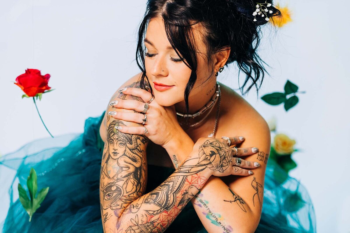 Studio portrait of Montana model with tattoos