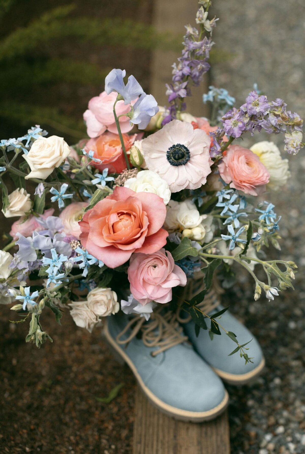 Spring pastel bridal bouquet for a wedding in the redwoods of Big Sur, CA