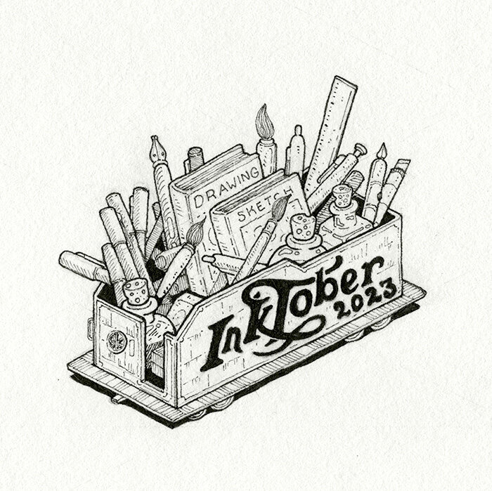 Pen and Ink Illustration of Inktrain - Train Engine Sketch Supplies