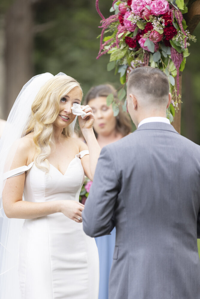 bride wiping tears during wedding ceremony - Wadsworth Mansion wedding photographer Rachel Girouard