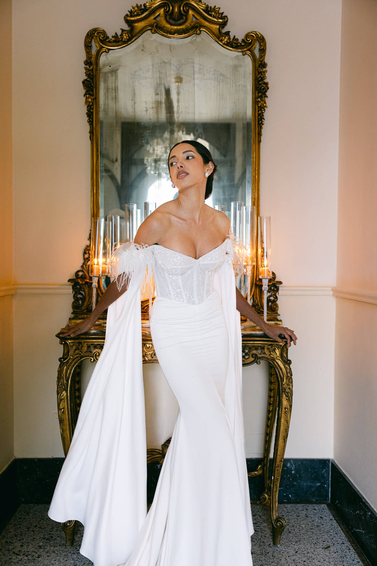A wedding day bridal shot of a bride in her white dress at Villa Aura del Lago on lake como in Italy
