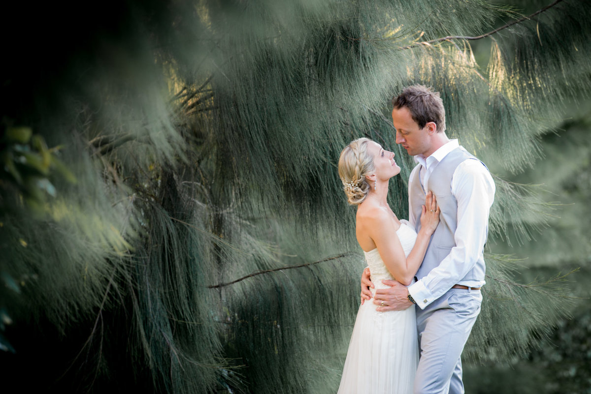 Wedding couple embrace by trees