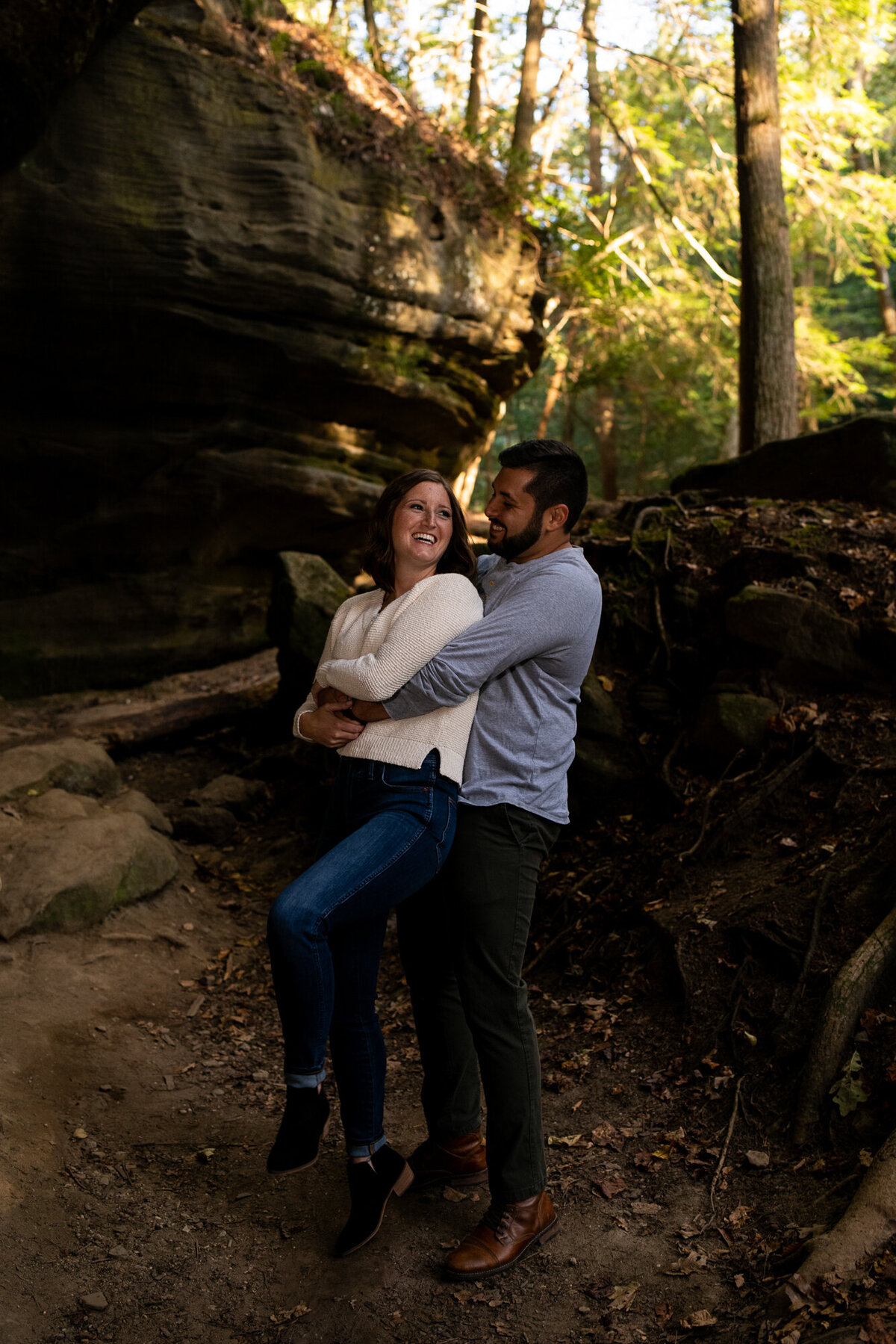 Big hug at engagement session at Hocking Hill's Old Man's Cave