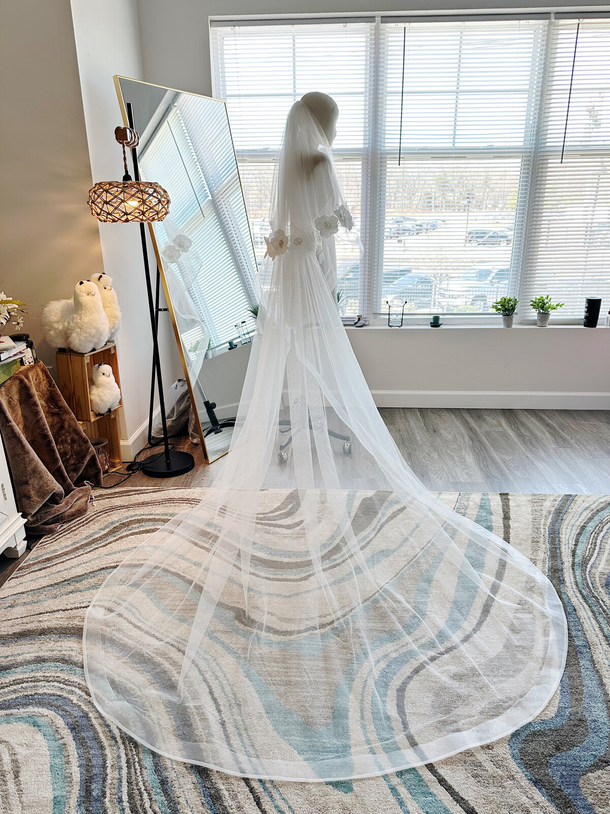 Handmade blusher veil with lace and scattered pearls
