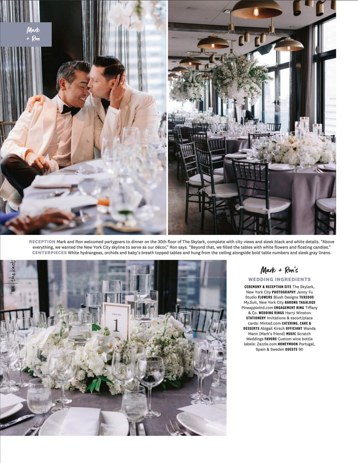 A page in The Knot Magazine where there are images of two grooms and their wedding venue. Image by Jenny Fu Studio