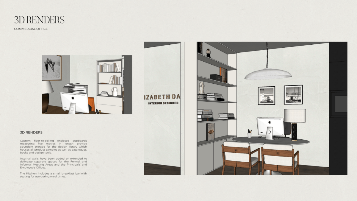 2D perspectives of a principal interior designer’s office, designed with functionality and elegance in mind.