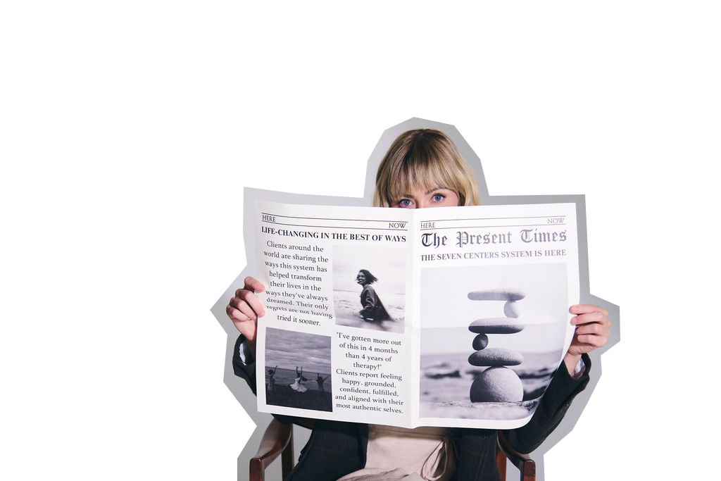 A woman reads a newspaper, symbolizing her journey of healing and breaking free from old patterns.