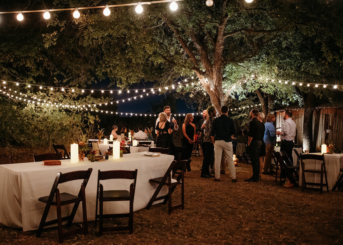 Outdoor evening wedding reception with guests mingling under string lights and a large tree.