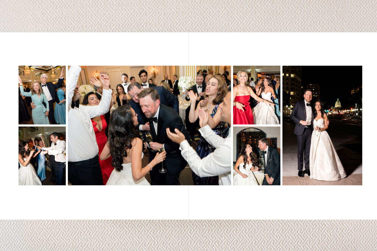 A wedding collage featuring joyful guests dancing, laughing, and celebrating. The centerpiece shows a couple sharing a close moment. Additional images display the couple outdoors at night, with warmly dressed guests enjoying the event.