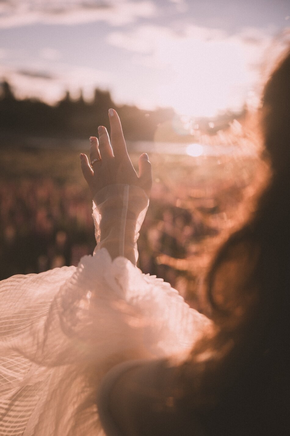 Pre-wedding photoshoot, the lupins, Lake Tekapo. Galia Lahav Haute Couture gown.