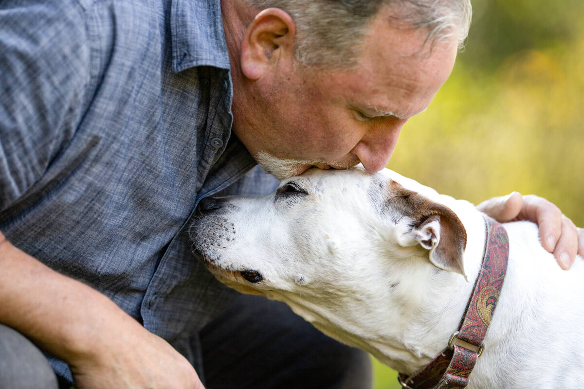 Man with graying hair bending down to kiss his senior elderly white dog