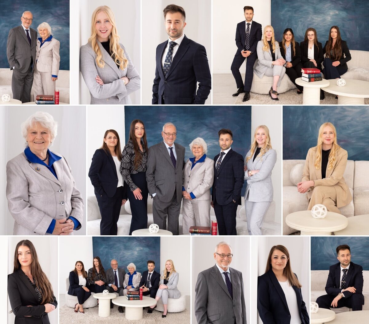 a collage showing photos of 10 corporate lawyers in varying poses, individual and in a group standing and sitting on a couch.  Captured in-studio at MDRN Studio by Ottawa Corporate Photographer JEMMAN Photography COMMERCIAL