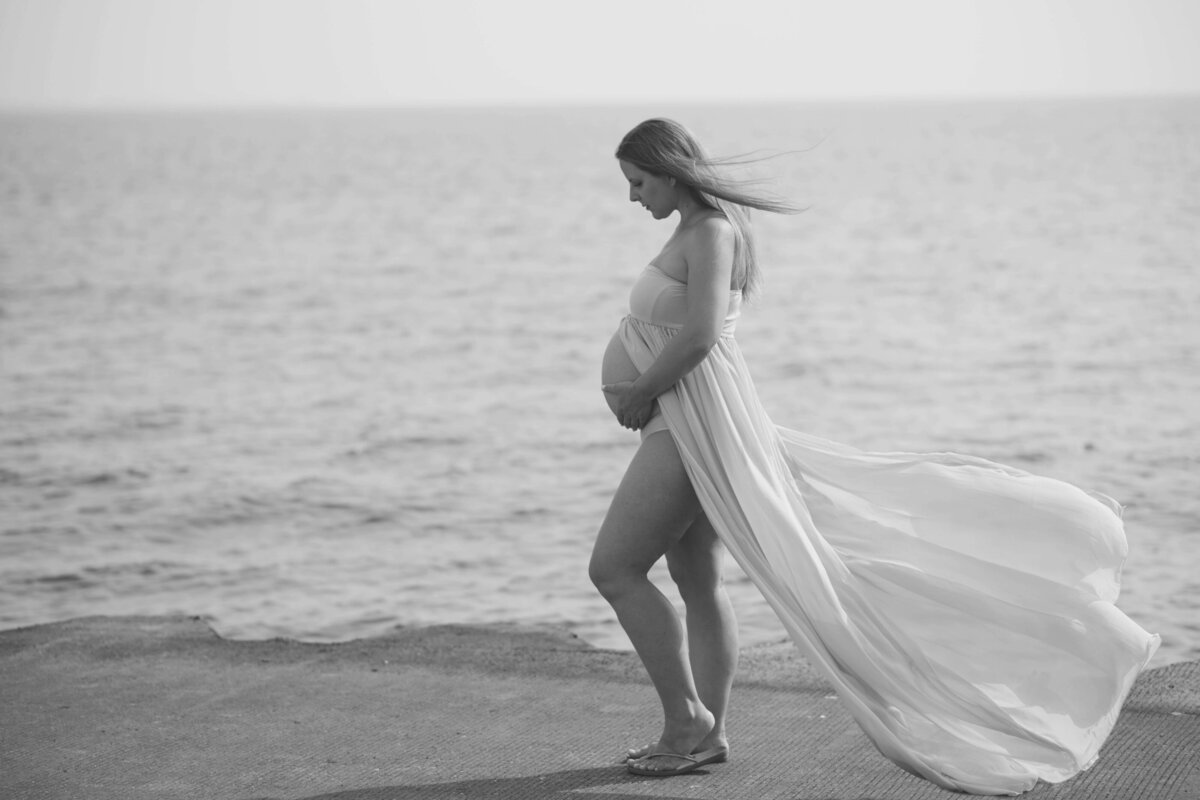 Pregnant woman by Lake Michigan