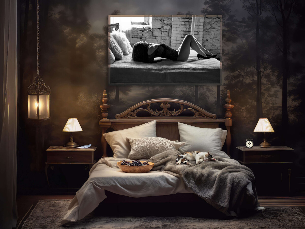 Vintage mock up room with a cat on the bed