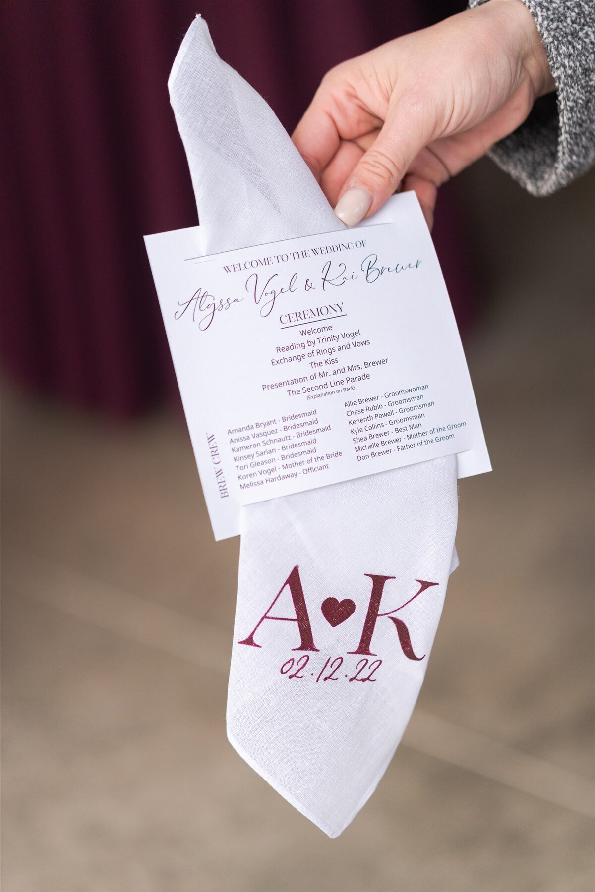 Custom handkerchief with couples initials and wedding date.