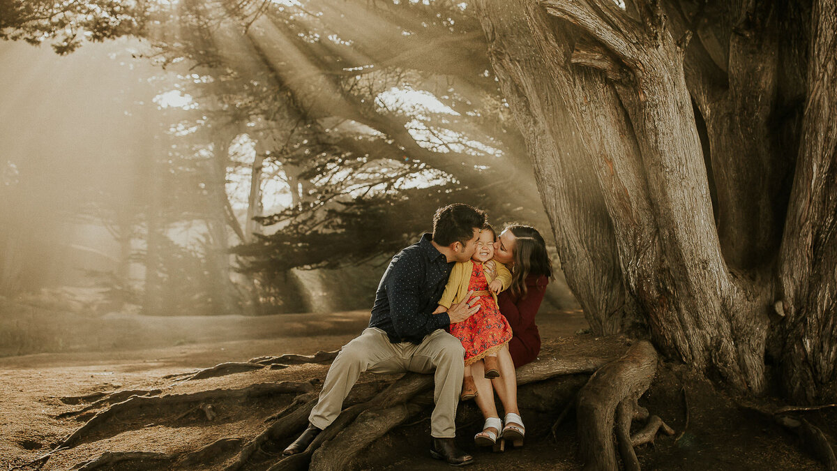 bay area lifestyle session portrait of parents kissing child with sunbeams in wooded area