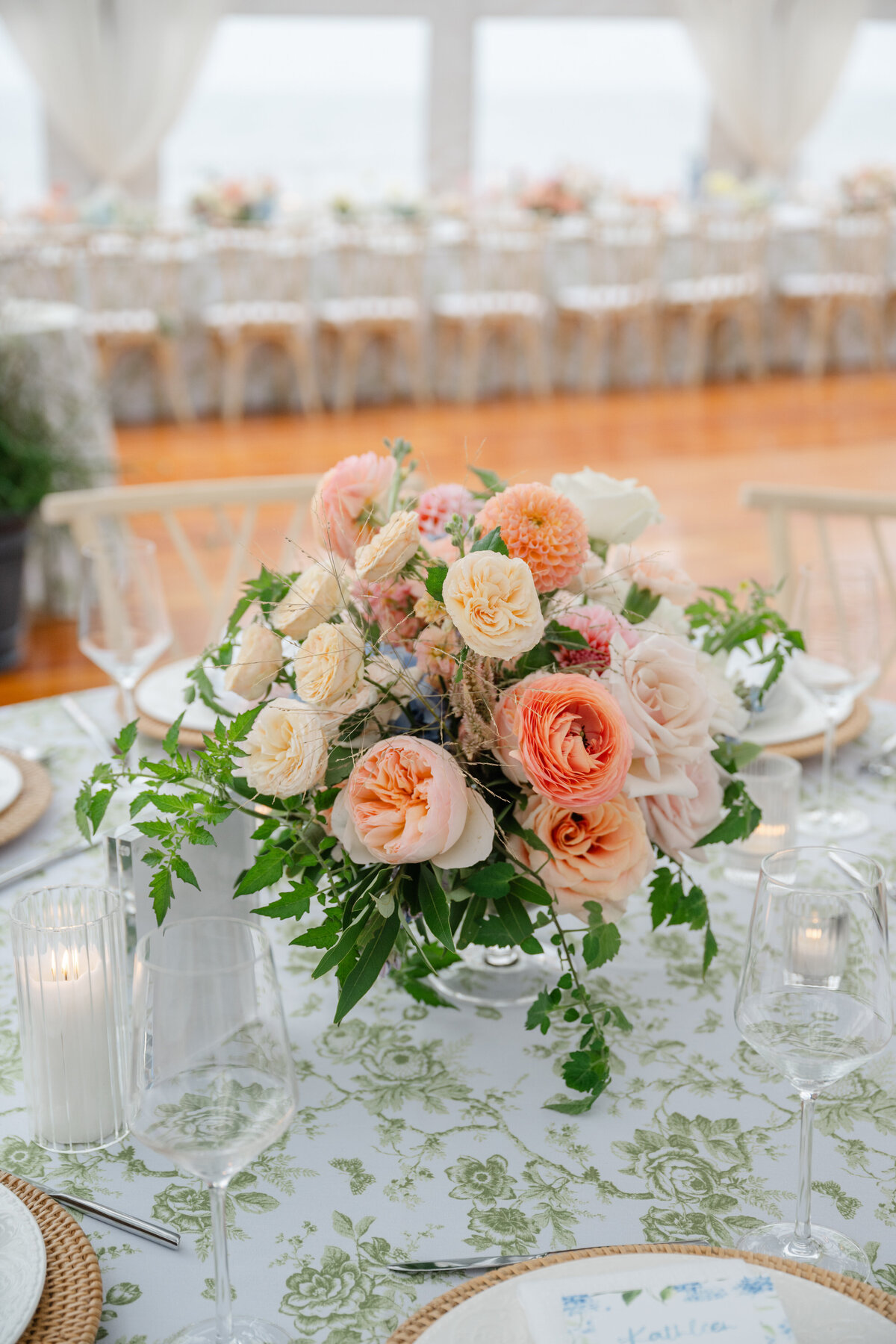 green-floral-toile-round-table-linen-fine-art-flower-arrangement