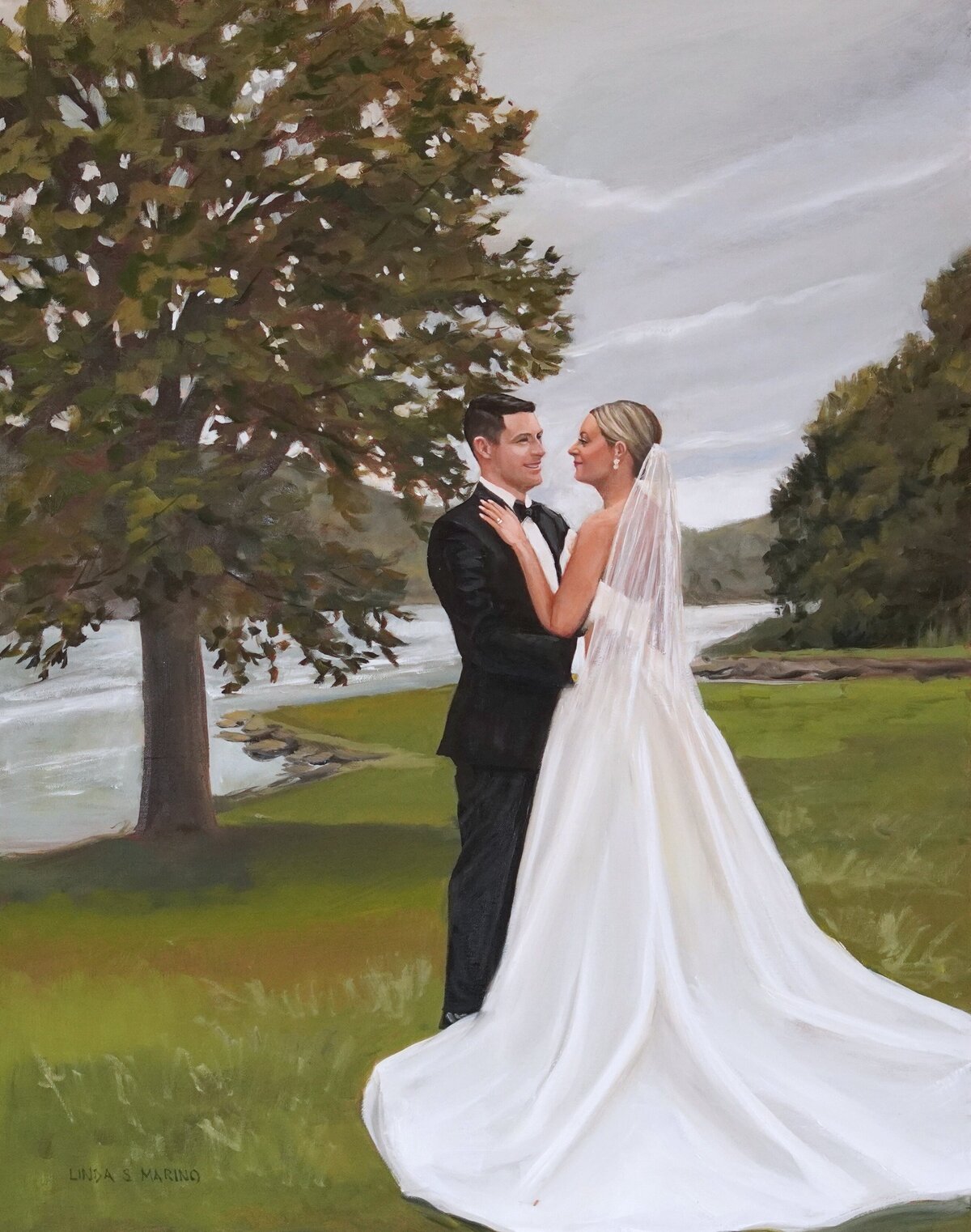 live painting bride and groom on the lawn in front of the CT River at St. Clements Castle and Marina in Portland, CT