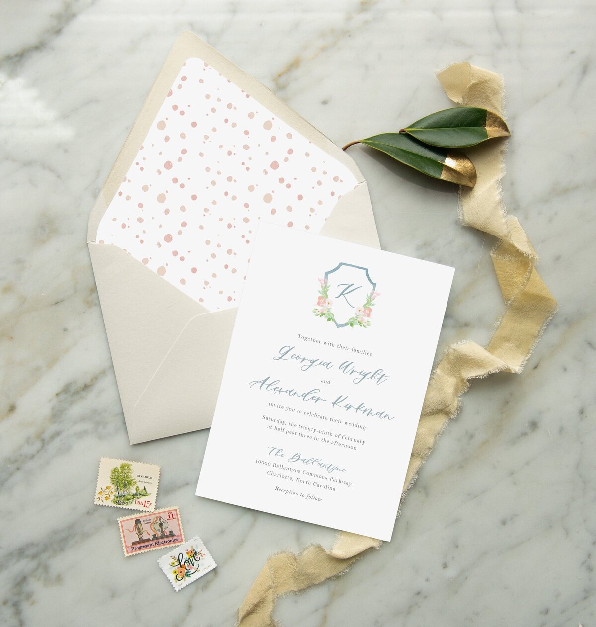 Watercolor+Crest+Blue+and+Pink+Wedding+Invitation-min