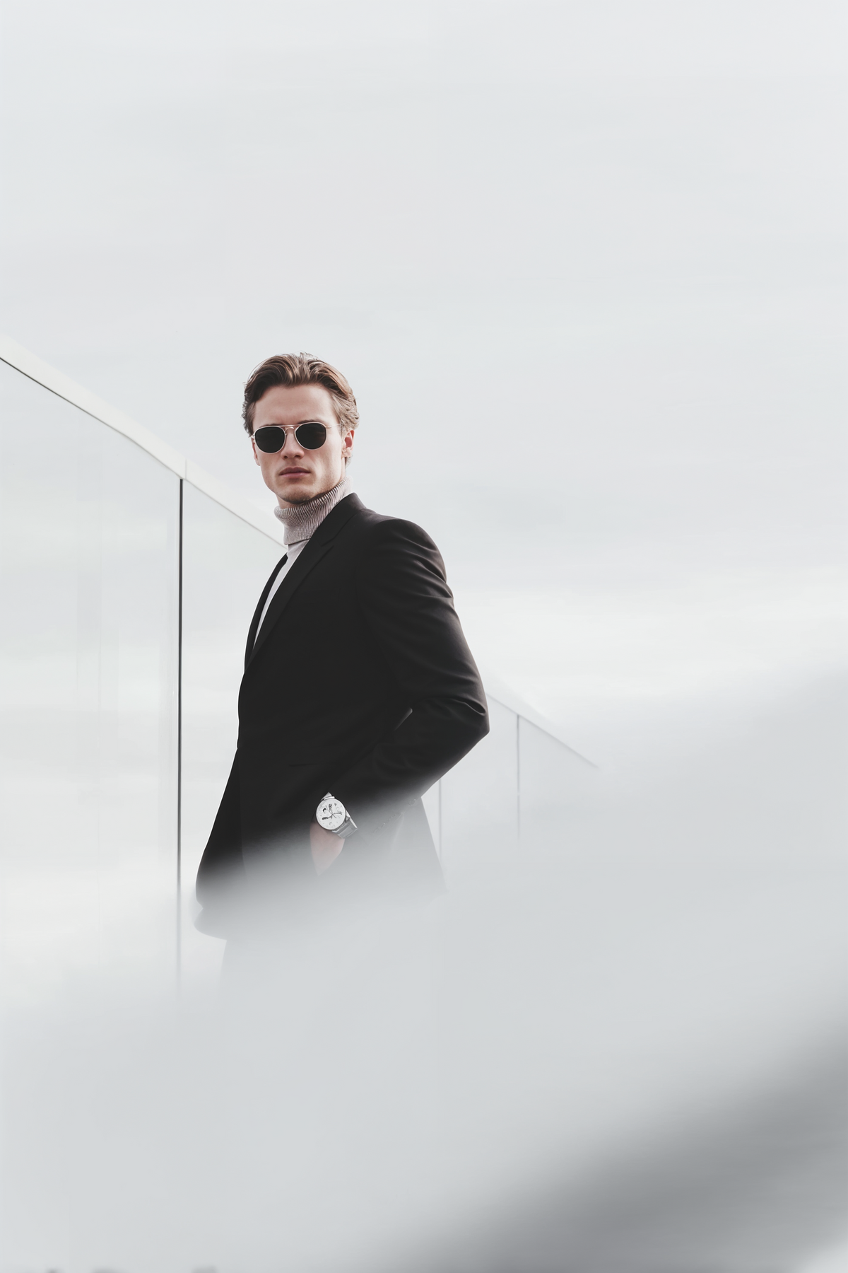 Stylish man in black suit and sunglasses standing in modern architectural space beside a bold black-and-white podcast review box featuring a 5-star quote praising Jasmina Kimova’s Manifesto episode.