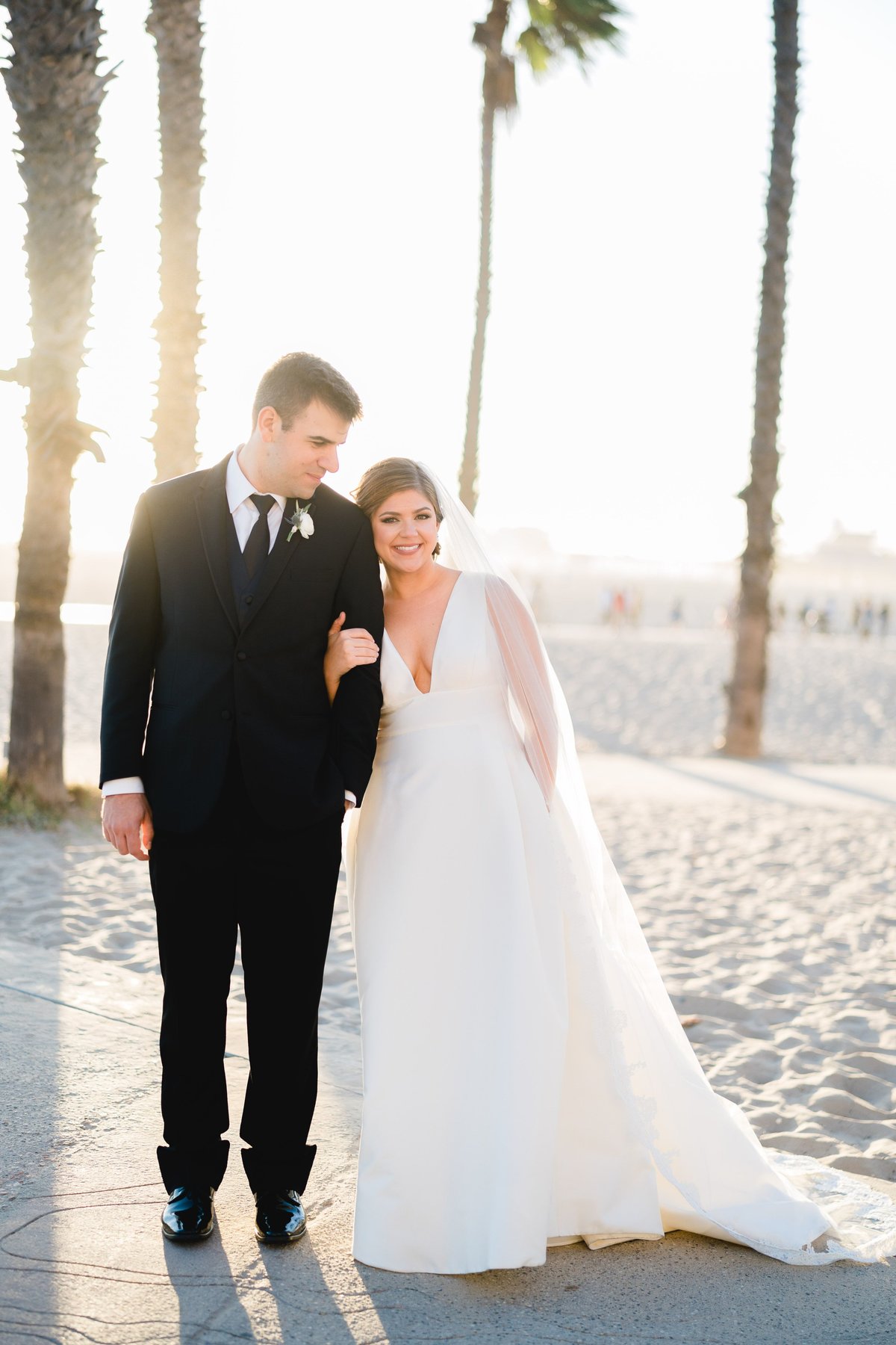 bride and groom on Santa Monica Beach