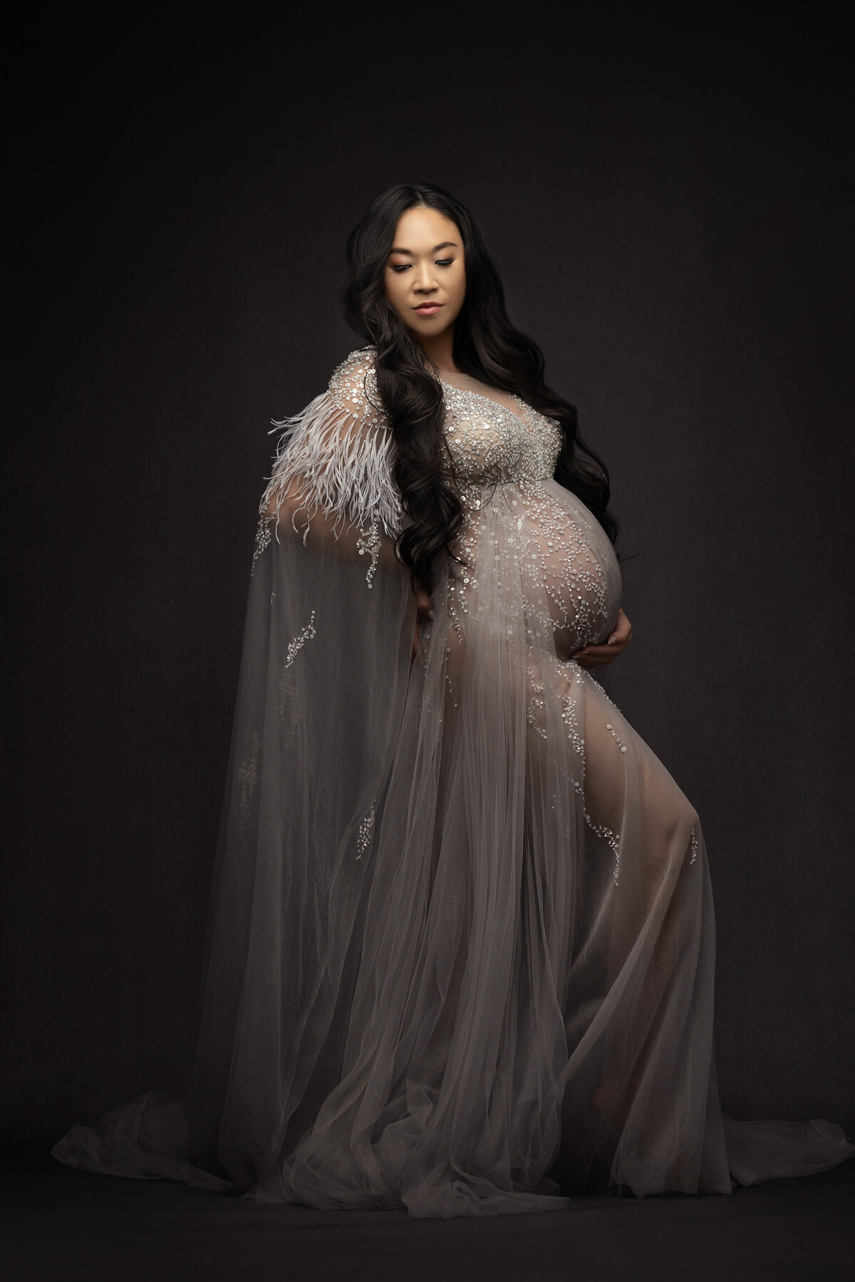 A pregnant woman poses in an elegant, sheer gown adorned with feathers and beads, set against a dark background. She exudes grace and serenity.
