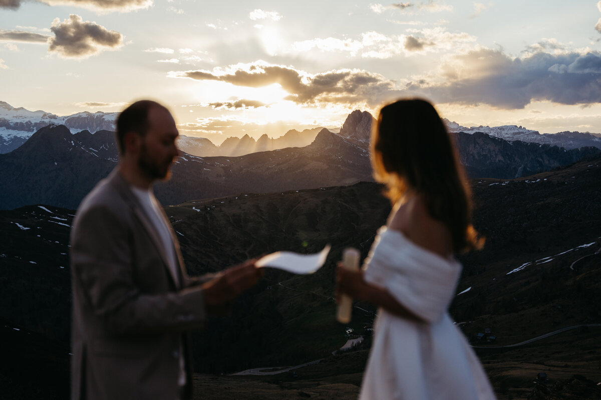 happy couple together in mountain elopement in Dolomites